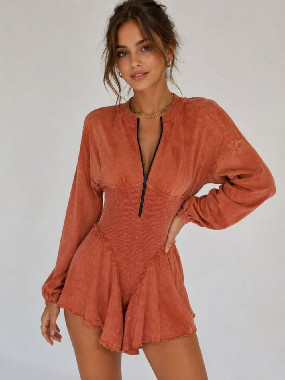 J.Her Long Sleeve Rust Orange Romper Ribbed Waist Front Zipper Sz L 100% Cotton